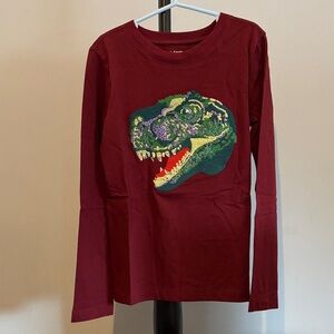 Lands’ End Kids Long-Sleeve Burgundy Dinosaur Tee - Trex Embroider Long Sleeve